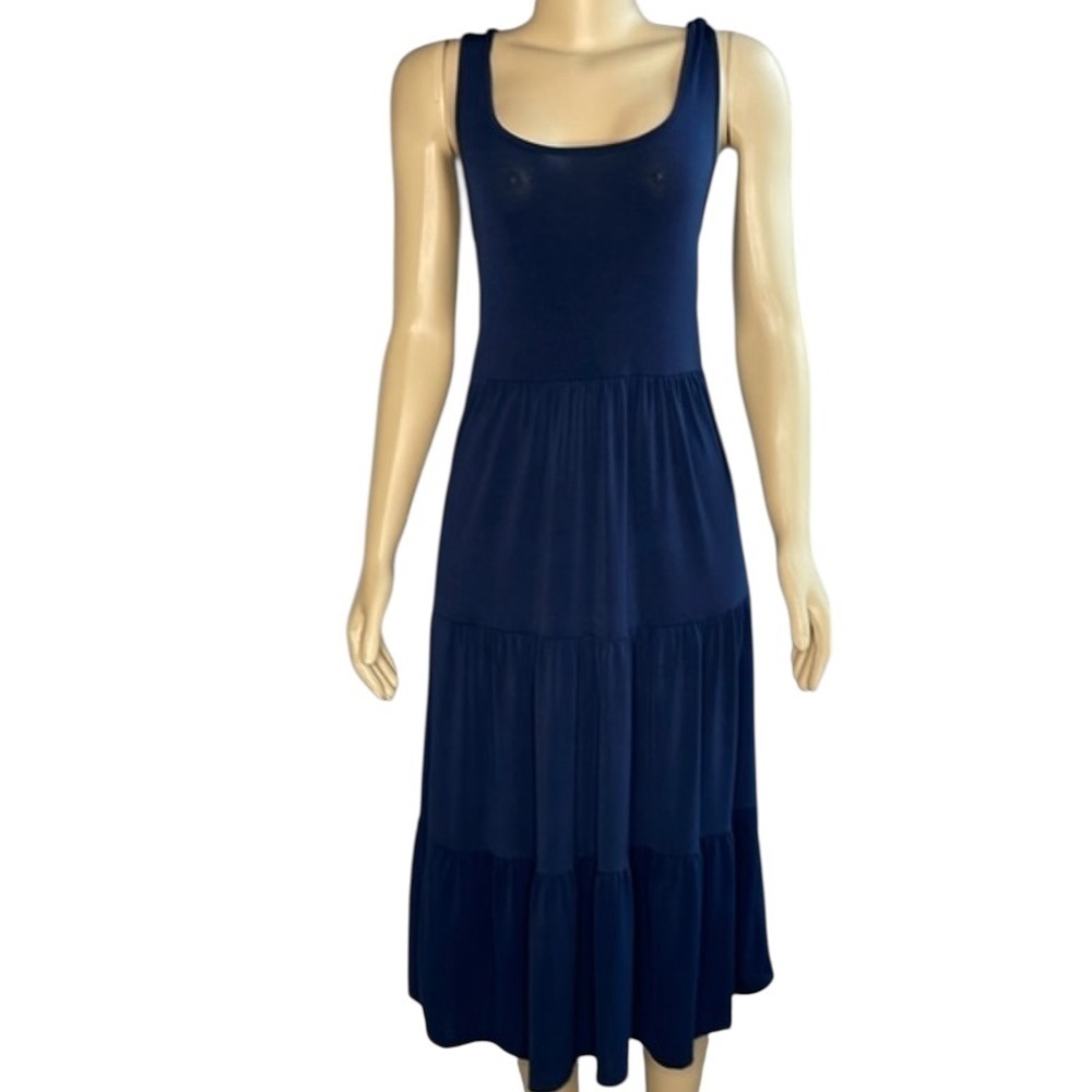 Green envelope shoulder tie bow sleeveless blue tiered drop dress size medium - Picture 2 of 9